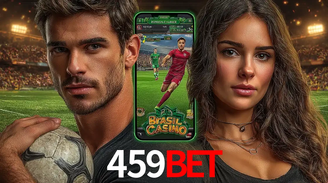 Homem segurando uma bola de futebol e uma mulher ao lado de um smartphone exibindo o jogo de apostas esportivas da 459bet. Faça seu palpite no cassino online.